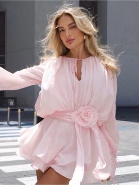 Elegant Pink Floral-Belt Chiffon Dress